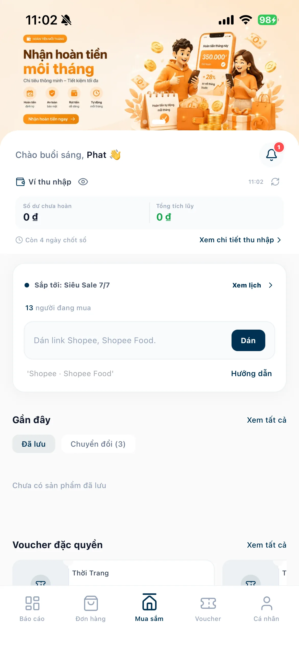 App Go Affiliate — mua sắm, dán link Shopee và nhận hoàn tiền